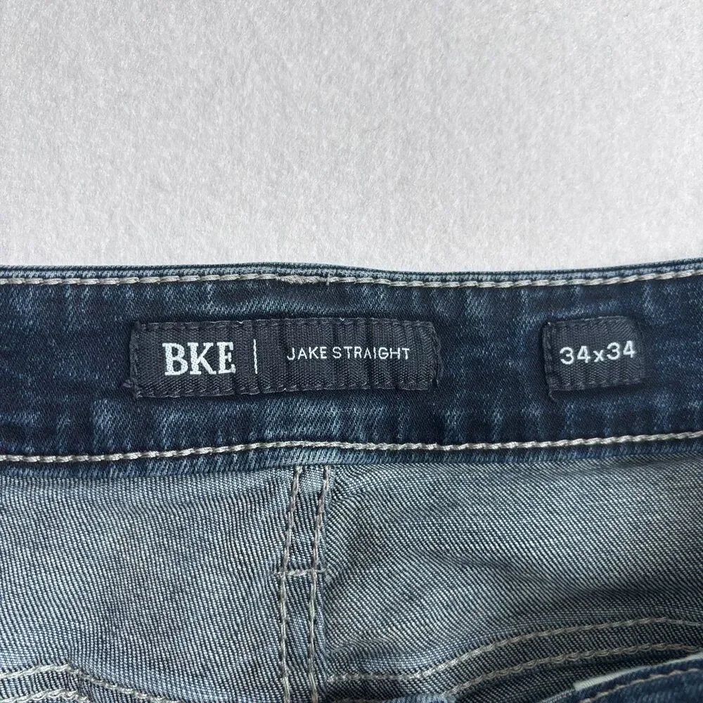 BKE Jake Straight Jean Mens 34x34 Dark Wash Distressed Whiskers Straight Leg